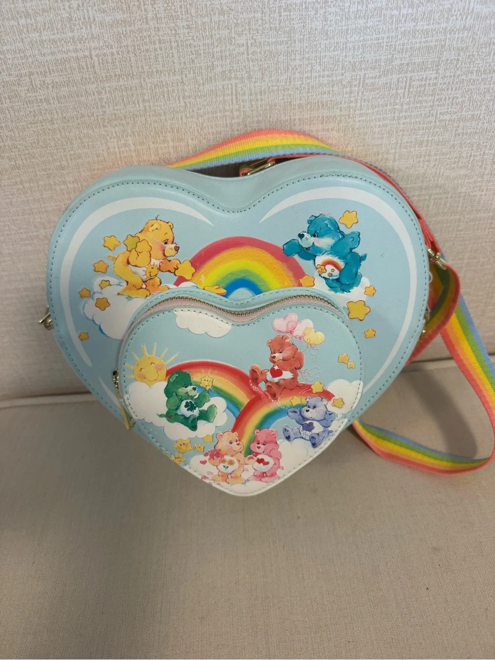 Loungefly Light Blue Heart-Shaped Kids Crossbody with Rainbow Strap